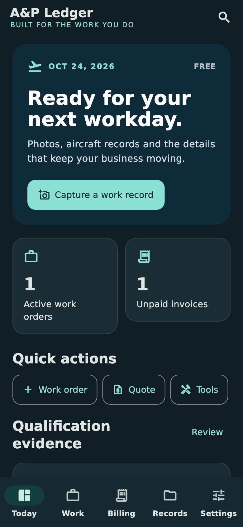 A&P Ledger Today screen in dark mode, showing example work orders and invoice totals