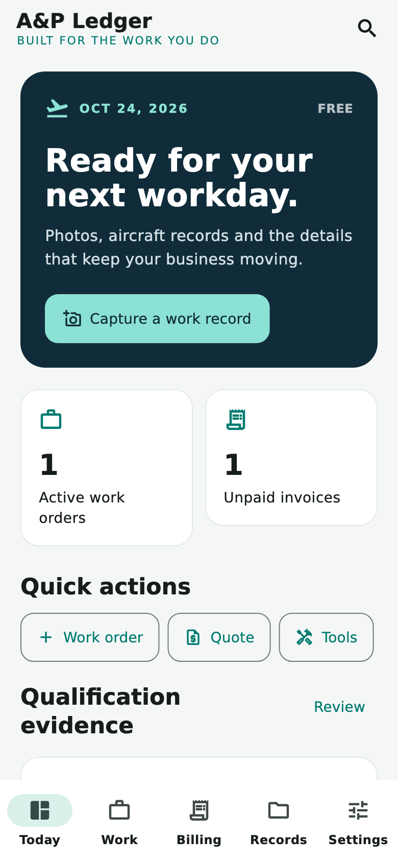 A&P Ledger Today dashboard with work and invoice summaries