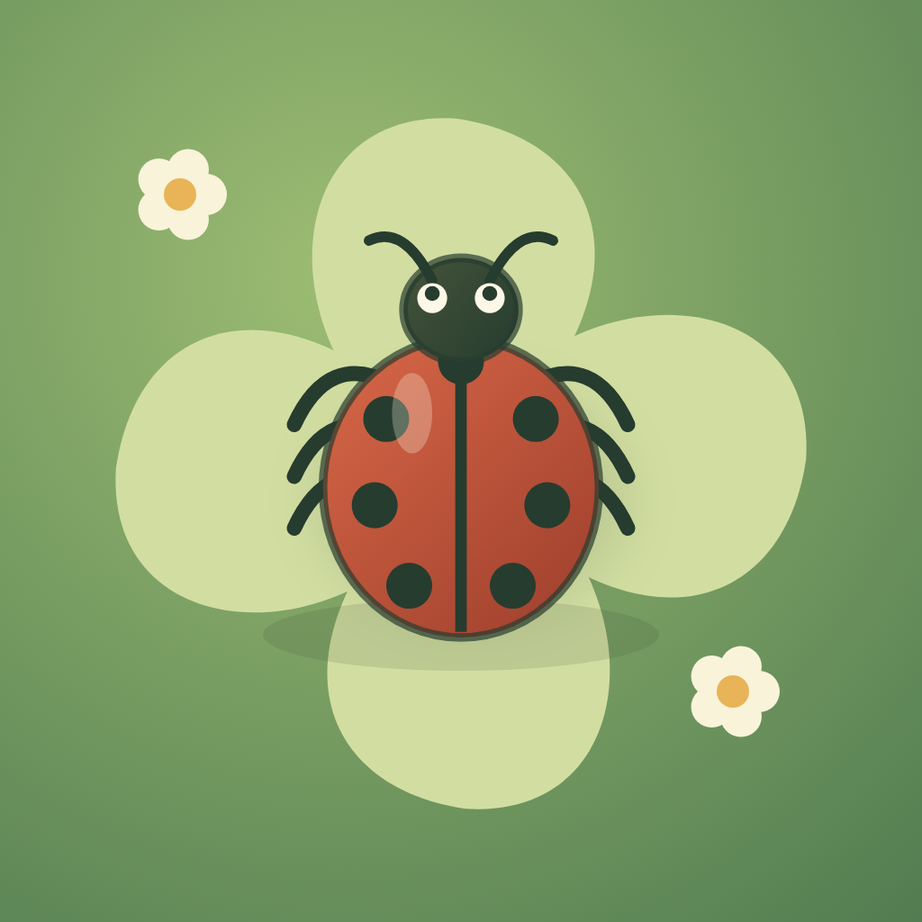 BugPop Grove app icon: a friendly lady beetle on a clover-green background