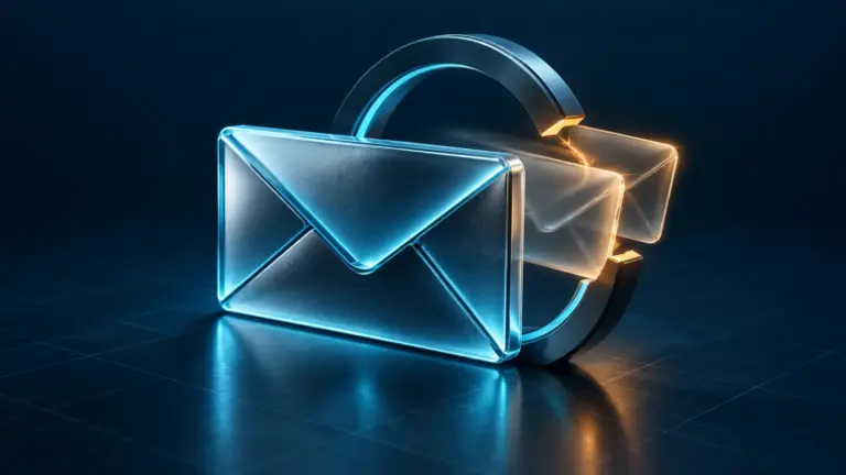 A cyan envelope and ghost duplicates pass through a broken identity ring.