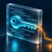 A glowing cyan key is exposed in a glass code slab, with amber particles leaking out.