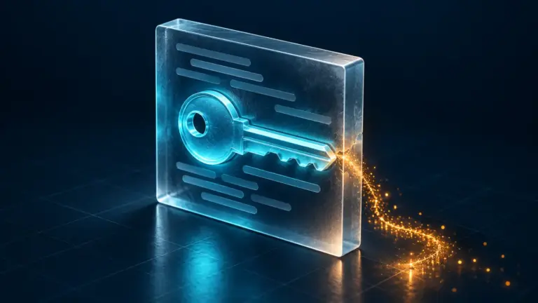 A glowing cyan key is exposed in a glass code slab, with amber particles leaking out.