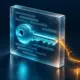 A glowing cyan key is exposed in a glass code slab, with amber particles leaking out.