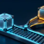 Matching cyan and amber software packages sit at a branching build conveyor.