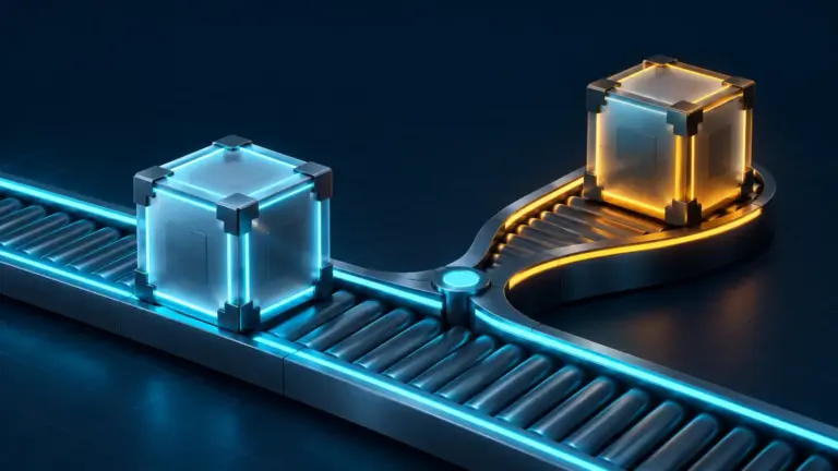 Matching cyan and amber software packages sit at a branching build conveyor.