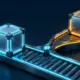 Matching cyan and amber software packages sit at a branching build conveyor.