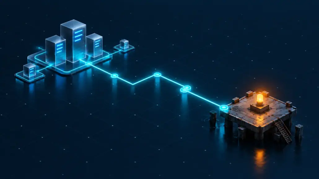 A cyan network route still reaches an abandoned platform marked by an amber beacon.