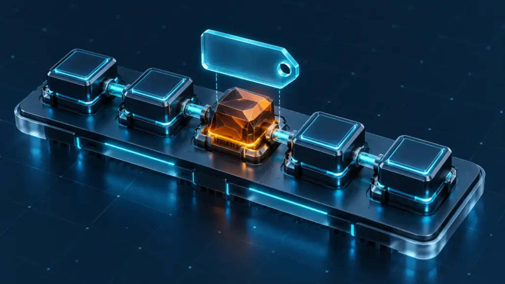 A floating build tag points to an amber replacement component within a cyan software pipeline.