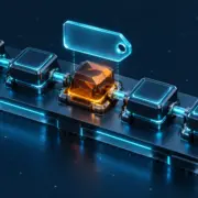 A floating build tag points to an amber replacement component within a cyan software pipeline.