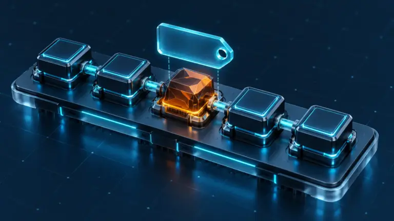 A floating build tag points to an amber replacement component within a cyan software pipeline.