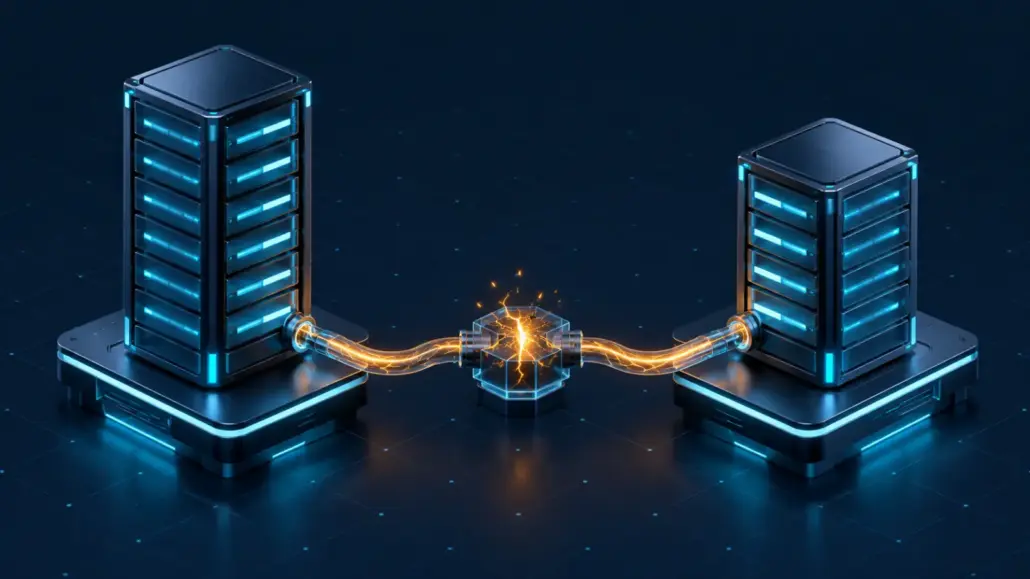 Two storage towers share a control cable carrying an amber fracture toward both systems.