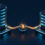 Two storage towers share a control cable carrying an amber fracture toward both systems.