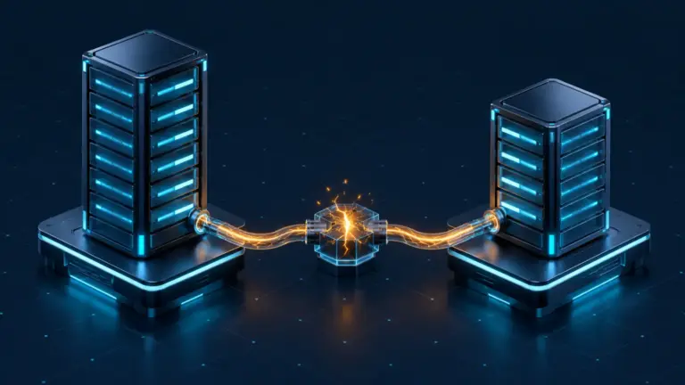 Two storage towers share a control cable carrying an amber fracture toward both systems.