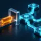 An amber event capsule passes through an open gateway into a cyan automation junction.