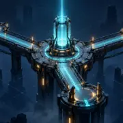 A cyan transmission beacon rises above an isometric relay station with branching illuminated routes.
