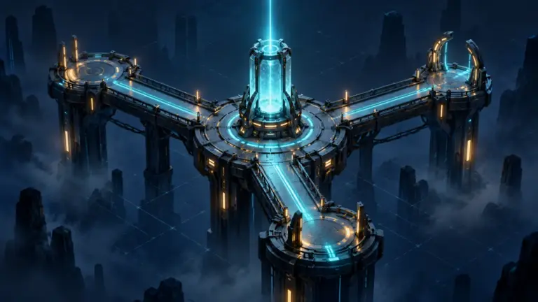 A cyan transmission beacon rises above an isometric relay station with branching illuminated routes.