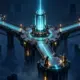 A cyan transmission beacon rises above an isometric relay station with branching illuminated routes.