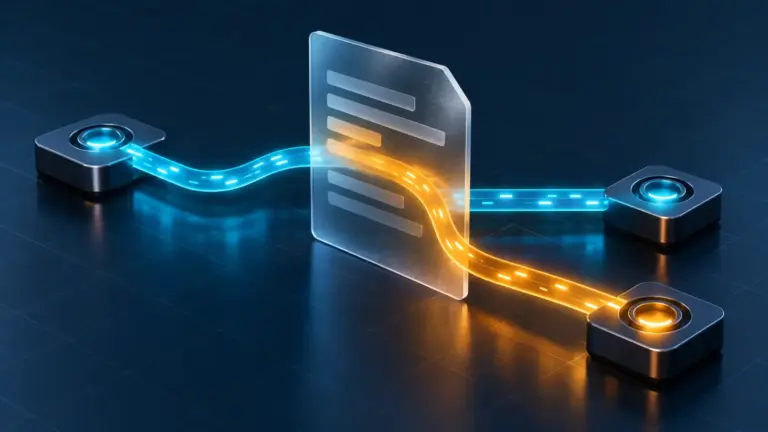 An amber stream concealed in a frosted document diverts a cyan automated workflow.