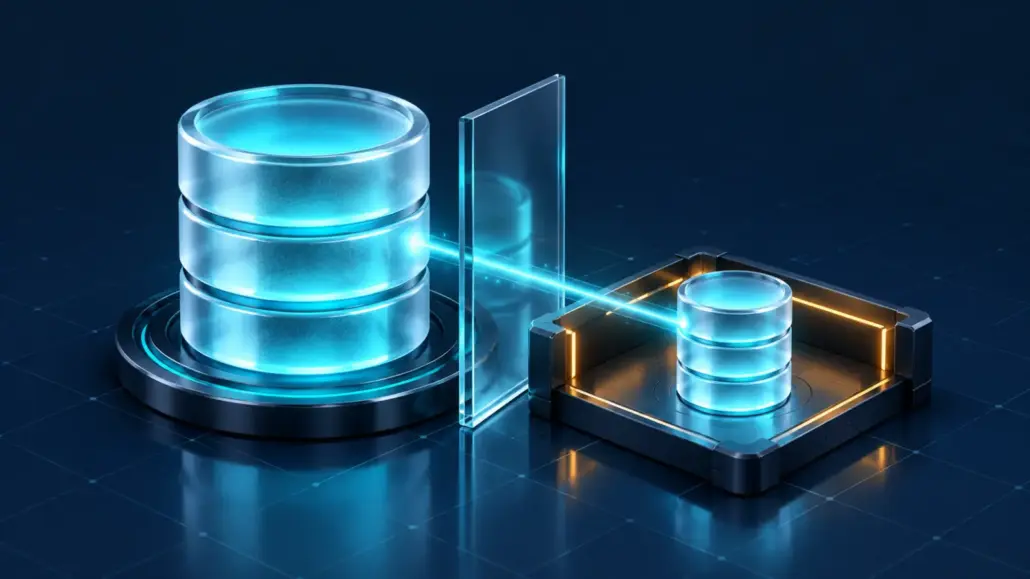 A cyan production database is mirrored into a smaller amber-edged testing chamber across a glass divide.