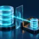 A cyan production database is mirrored into a smaller amber-edged testing chamber across a glass divide.