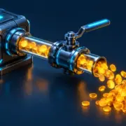 An API hub pours amber usage tokens through an open valve into a growing pile.