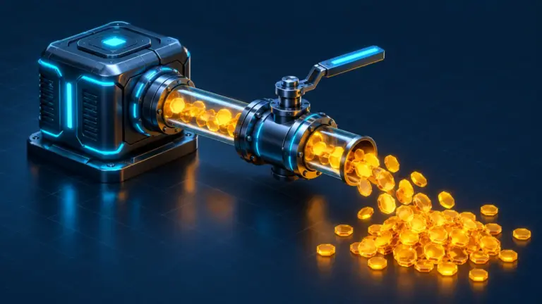 An API hub pours amber usage tokens through an open valve into a growing pile.