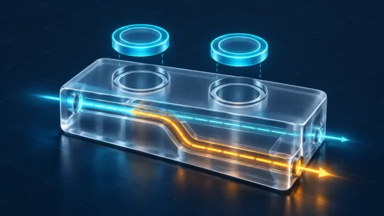 Two cyan approval seals hover above a transaction slab whose internal amber route has changed.