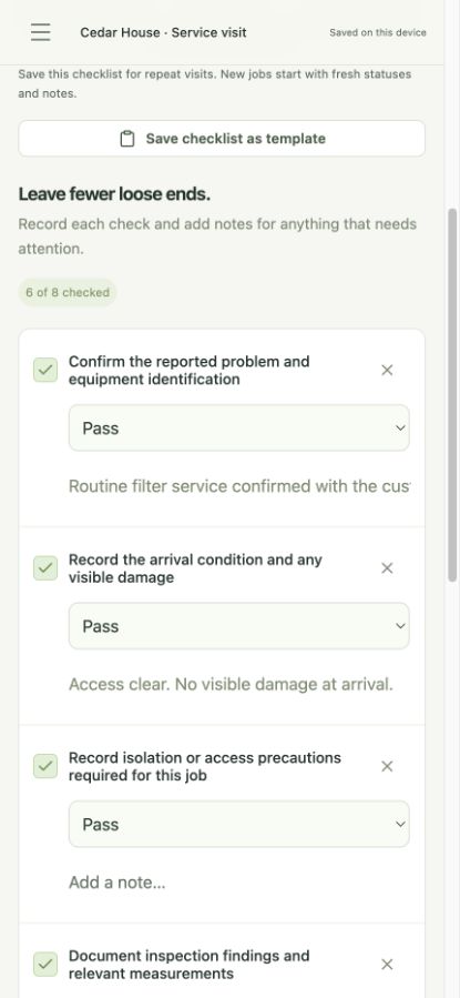 FieldDesk checklist with saved results and notes