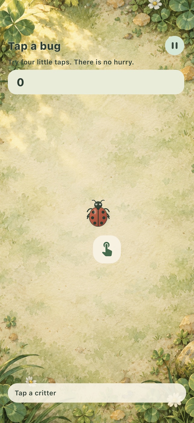 A first-play garden screen showing a friendly lady beetle and the instruction to tap a critter