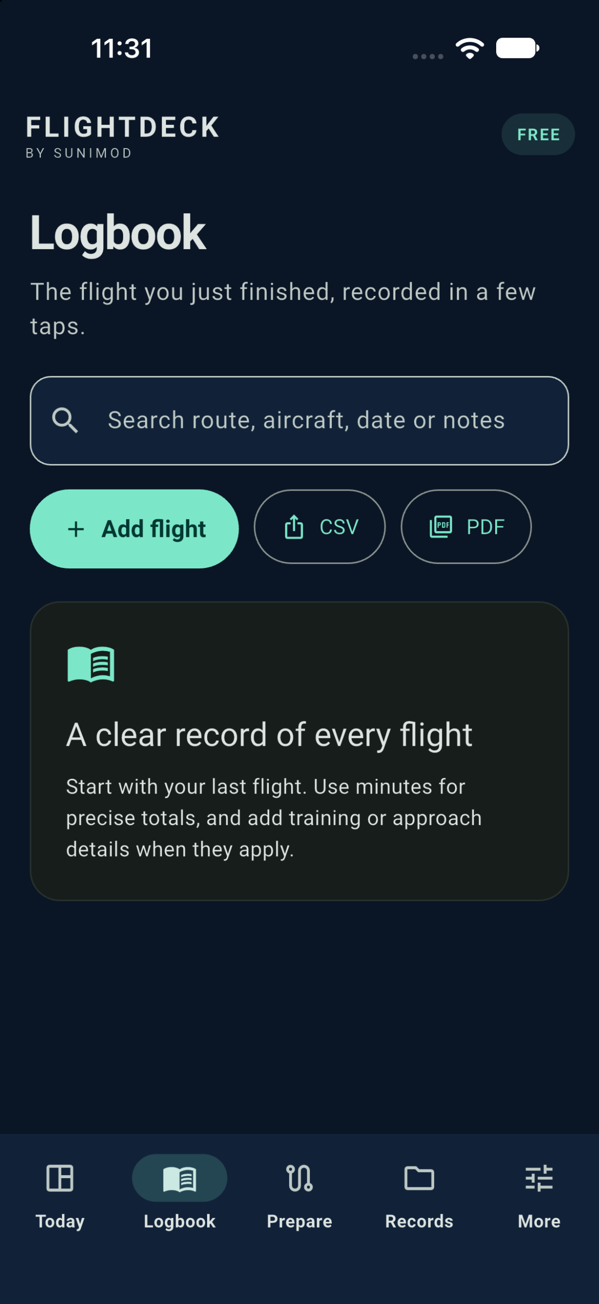 FlightDeck logbook screen from a development build running on iPhone Simulator
