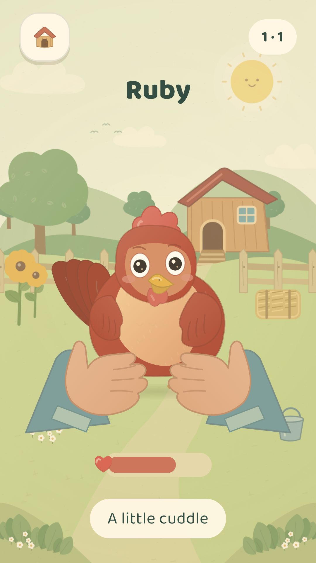 Cuddle Ruby in the Sunny Coop and fill the heart meter with gentle care.