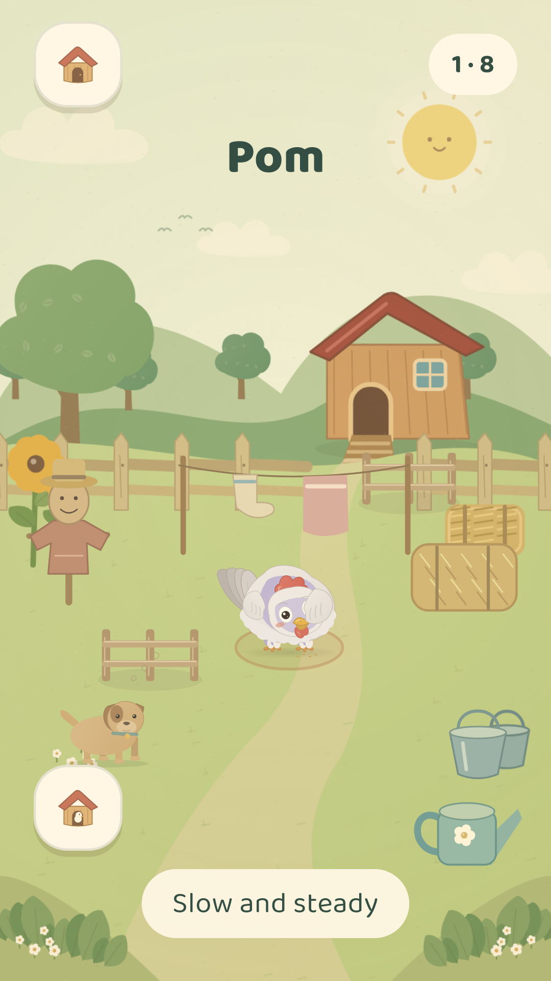 Sneak up on Pom in the farmyard, with Biscuit the dog nearby.