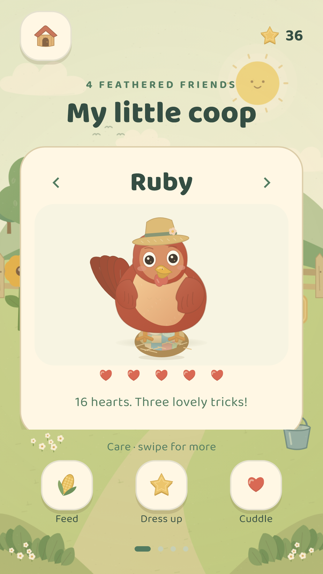 Care for Ruby in the Coop with feed, dress-up and cuddle choices.