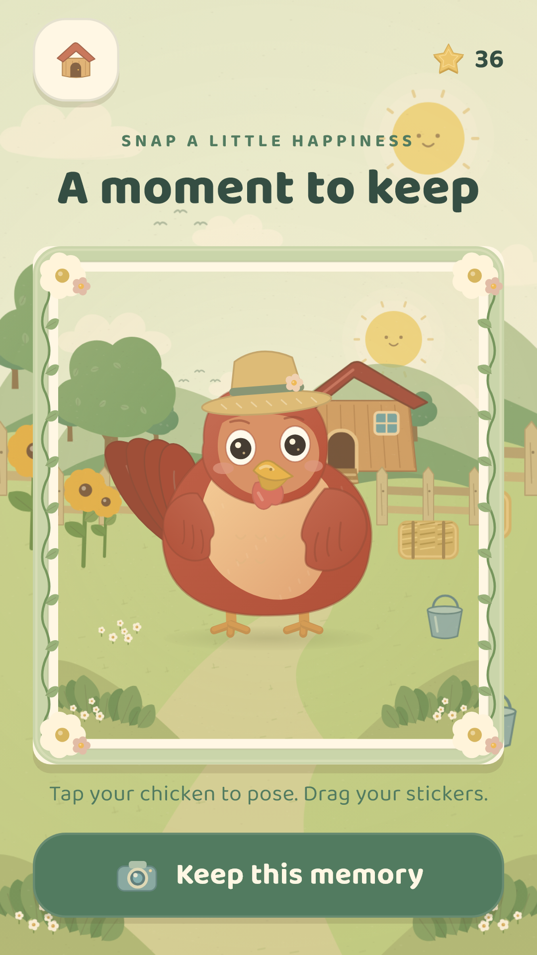 Ruby wearing a straw hat inside a flower frame in the in-game photo studio.