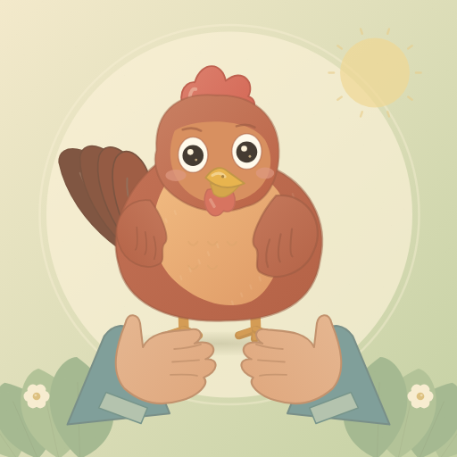 Ruby the chicken resting in two farmer hands against a sunny green background.