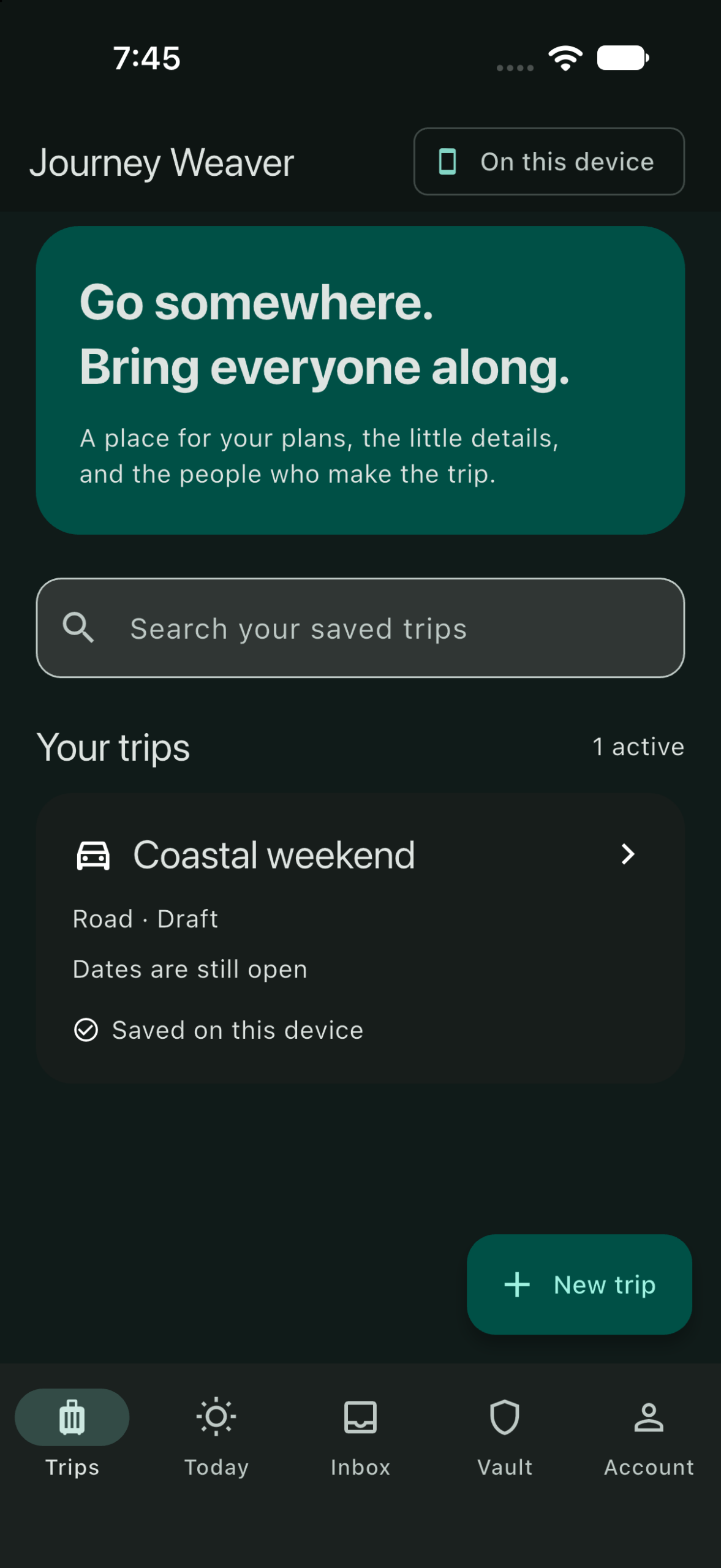 Journey Weaver development app on iPhone Simulator with synthetic trip details