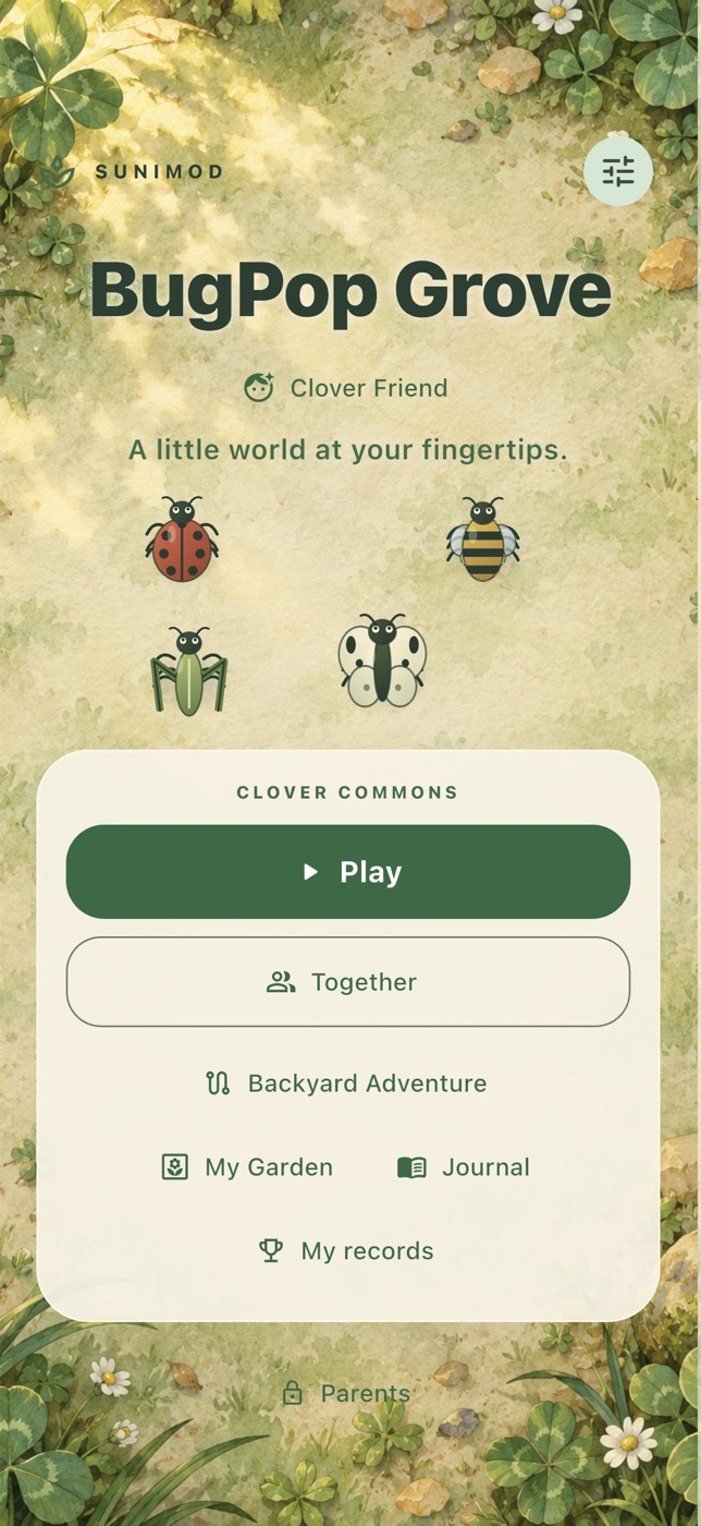 BugPop Grove menu set in an illustrated clover garden, with Play, Together, Backyard Adventure, My Garden, Journal, and My records options