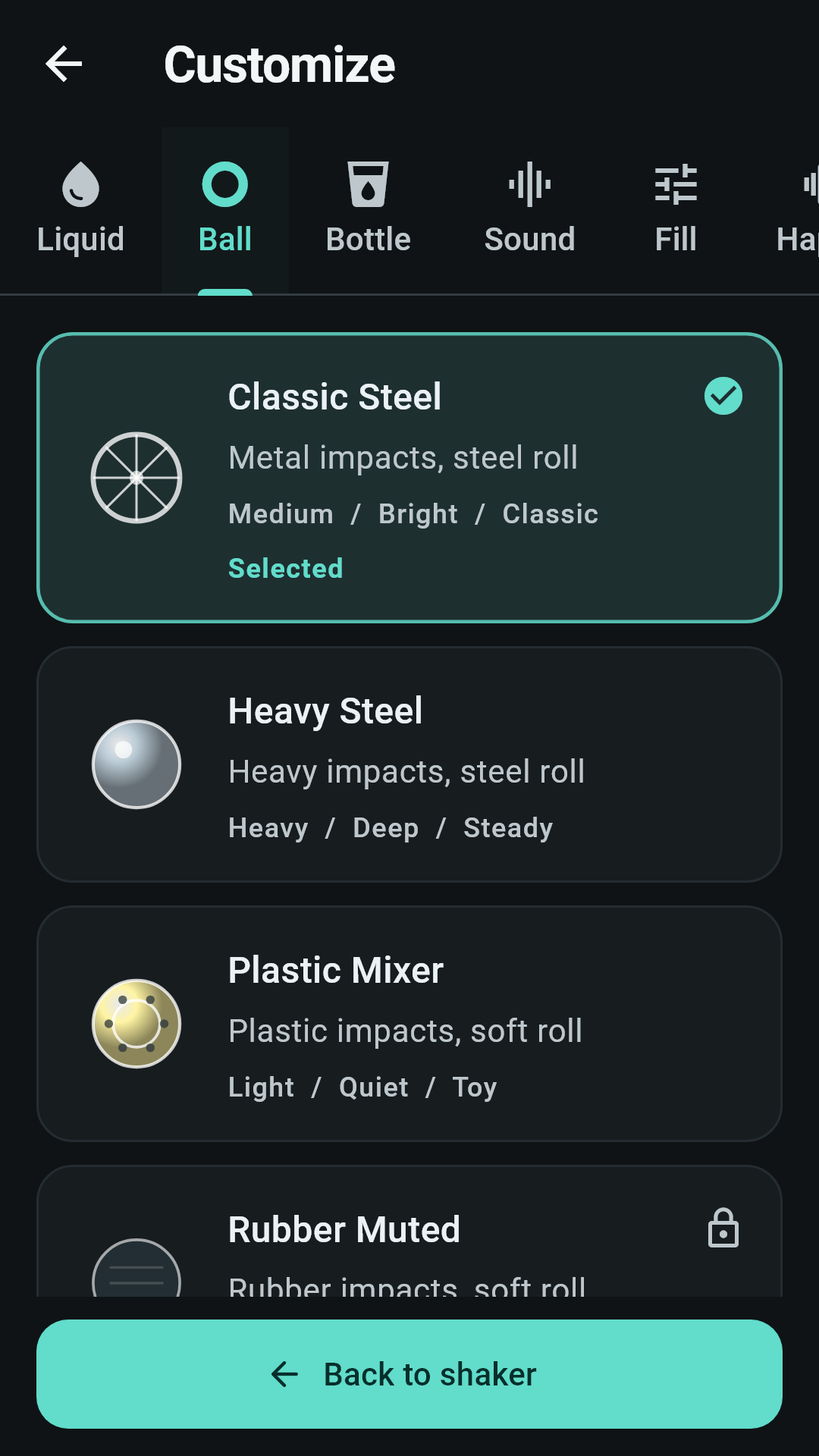 Mixing ball chooser with classic steel, heavy steel, and plastic options