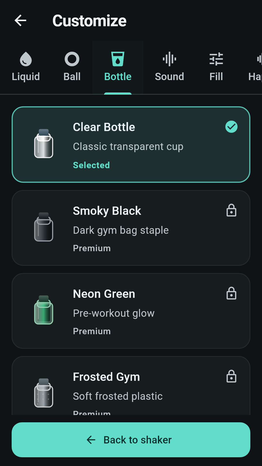 Bottle chooser with the clear bottle and premium bottle skins