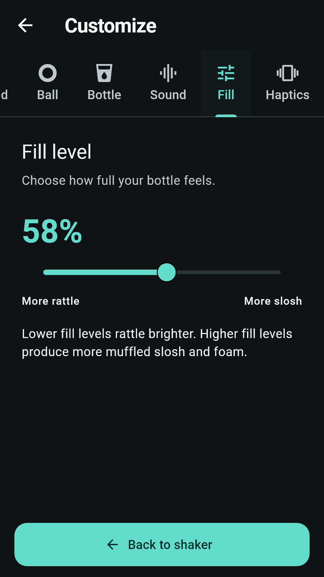 Fill level control set to 58 percent