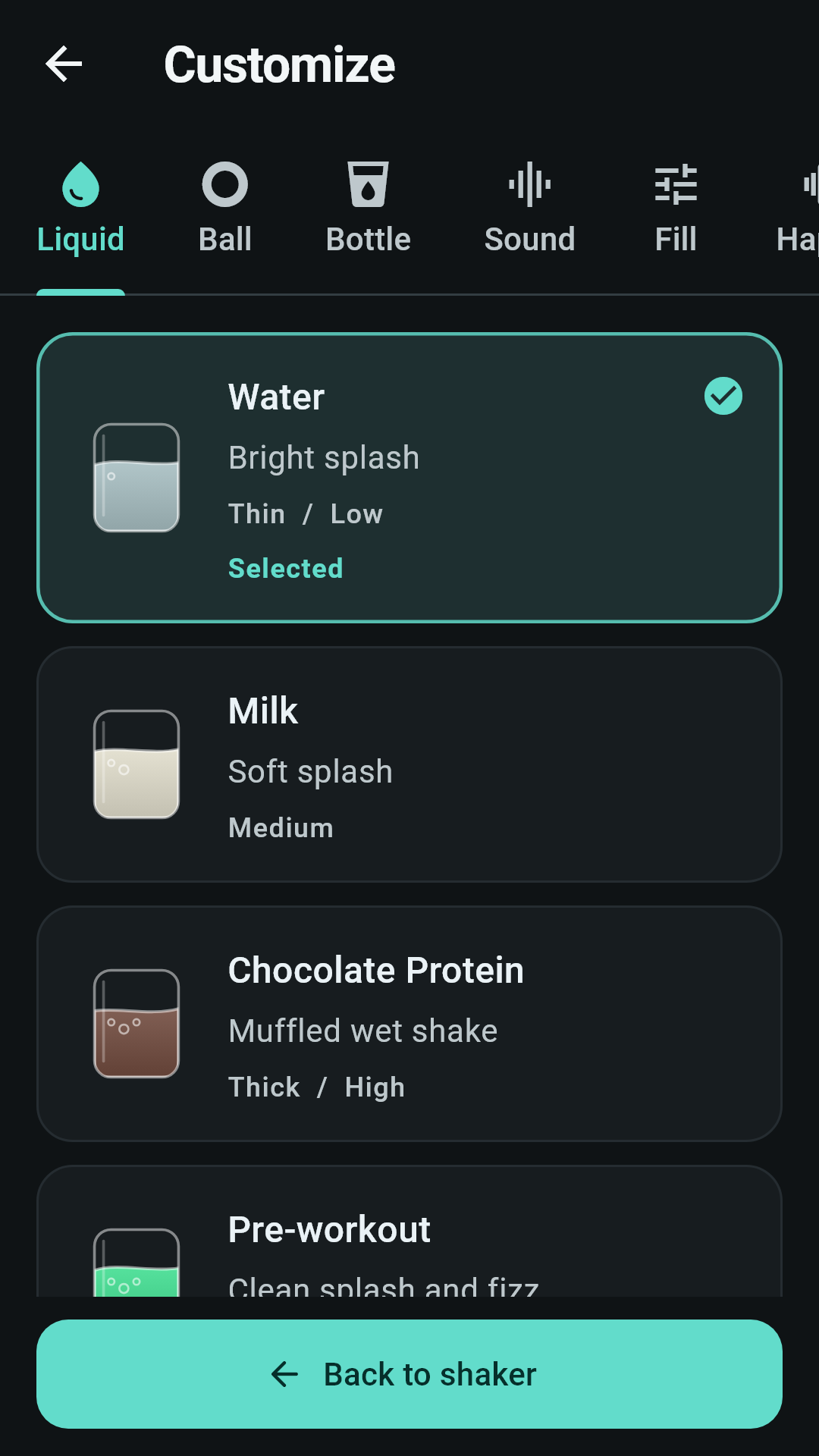 Liquid chooser showing water, milk, and chocolate protein