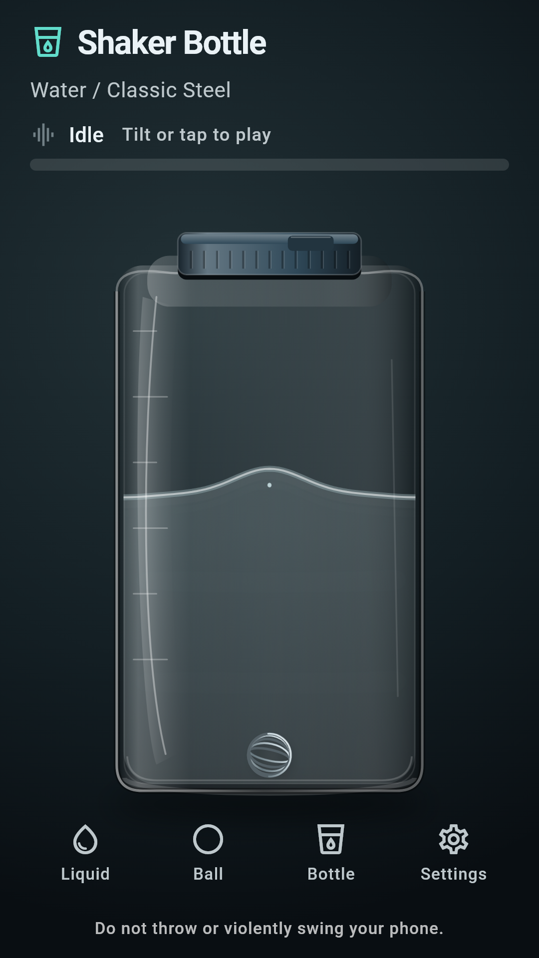 Shaker Bottle app with water and a steel mixing ball