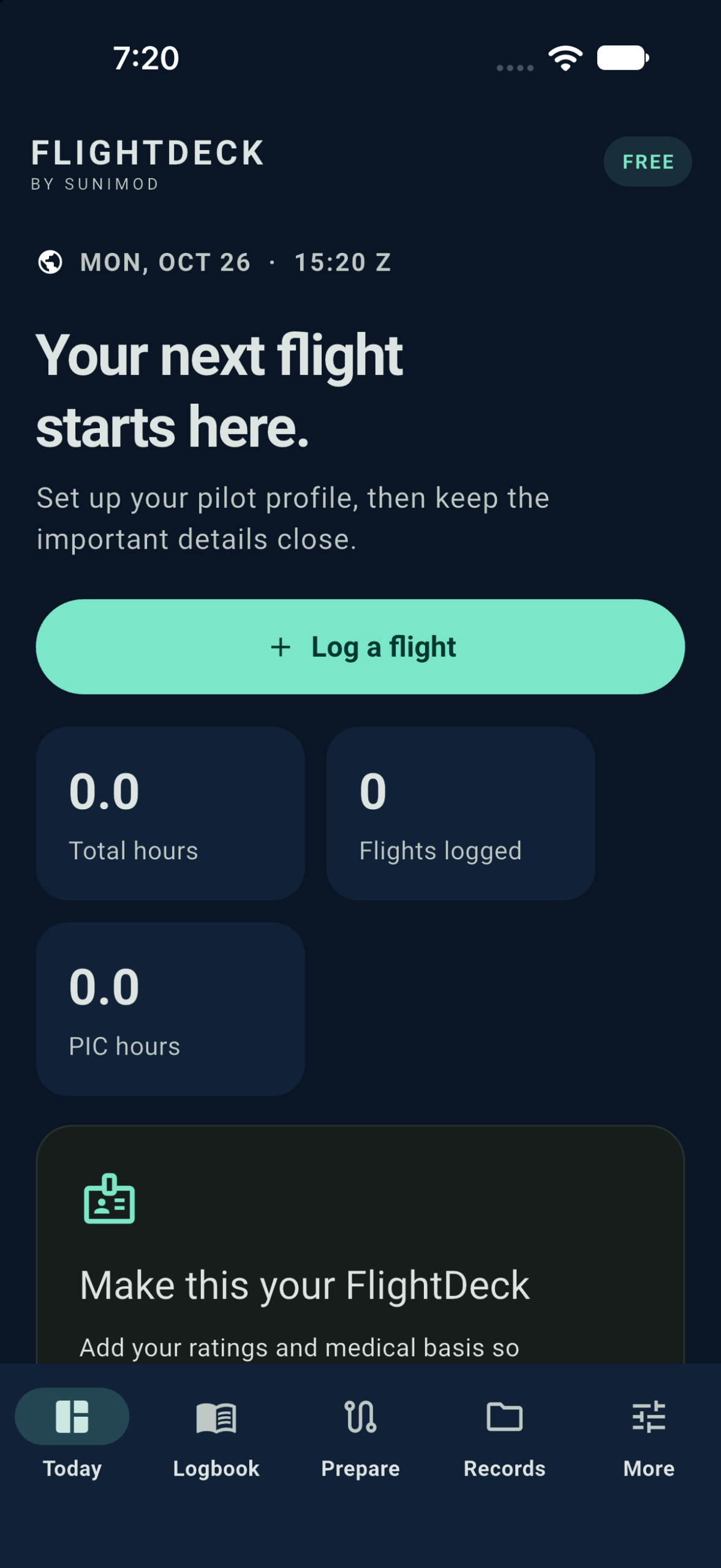 FlightDeck Today screen showing its UTC date and time in a development build running on iPhone Simulator